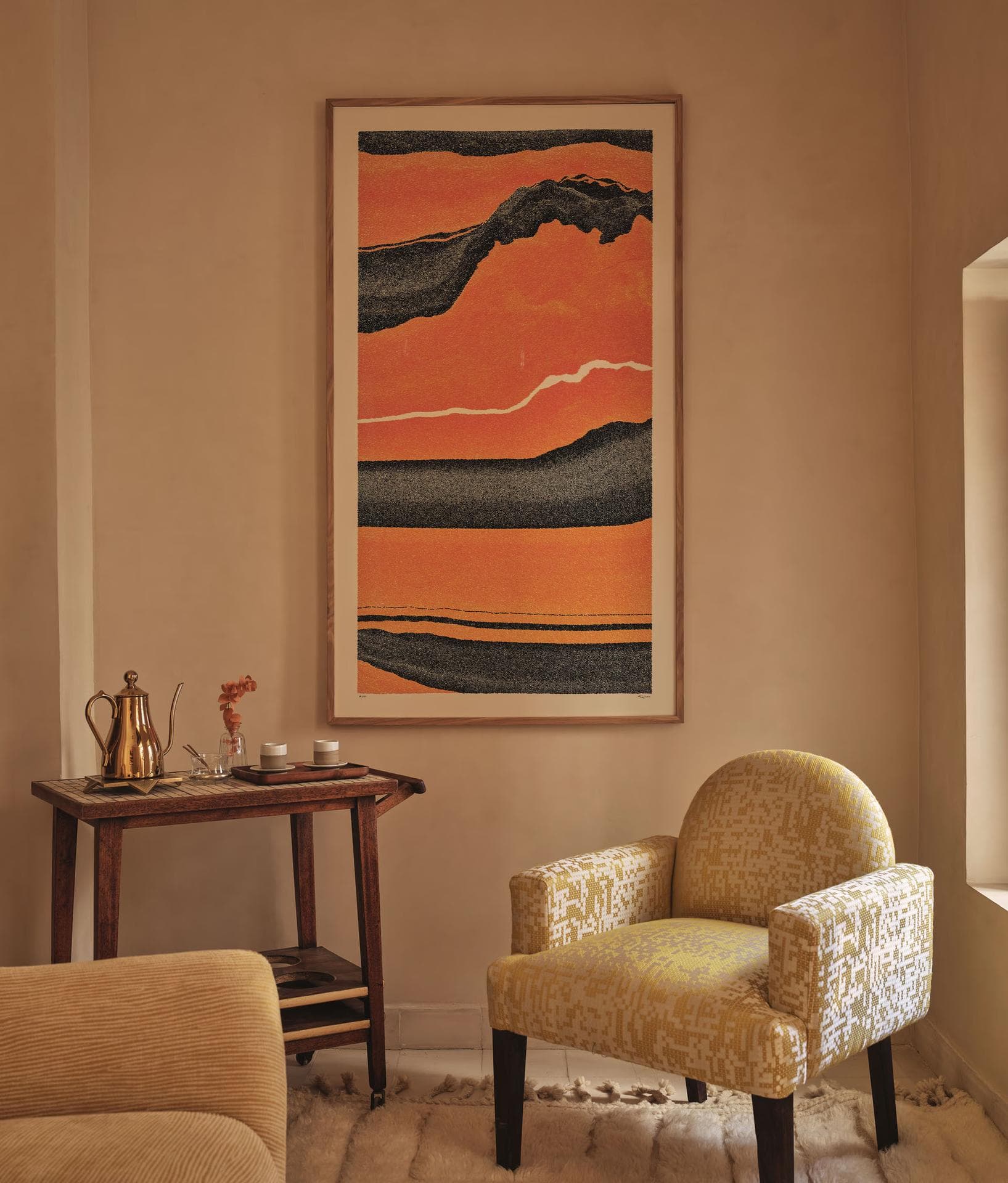 Sitting room with large orange artwork